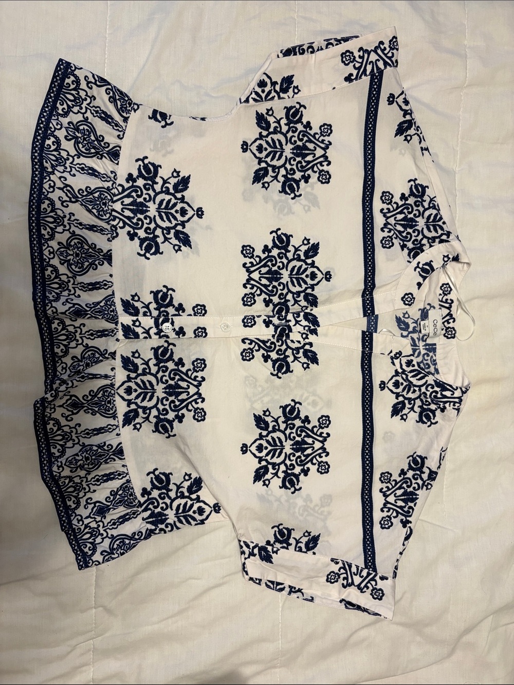 CeCe White and Navy Printed Peasant Blouse